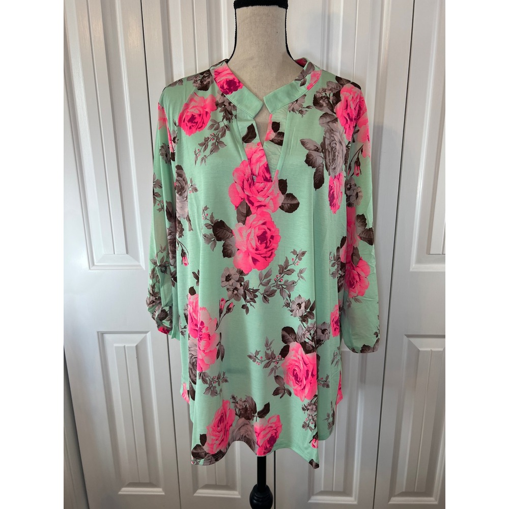 Dear Scarlett Mint Pink Floral Roll Tab Tunic Top 2X LIZ-C0262P